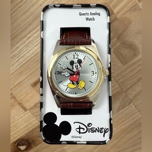 Disney Mickey Mouse Men’s Watch Two-Tone Case Brown Leather Strap New in Box